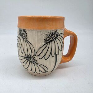 Handmade Ceramic Daisy Mug Orange & Cream Floral Textured Sgraffito